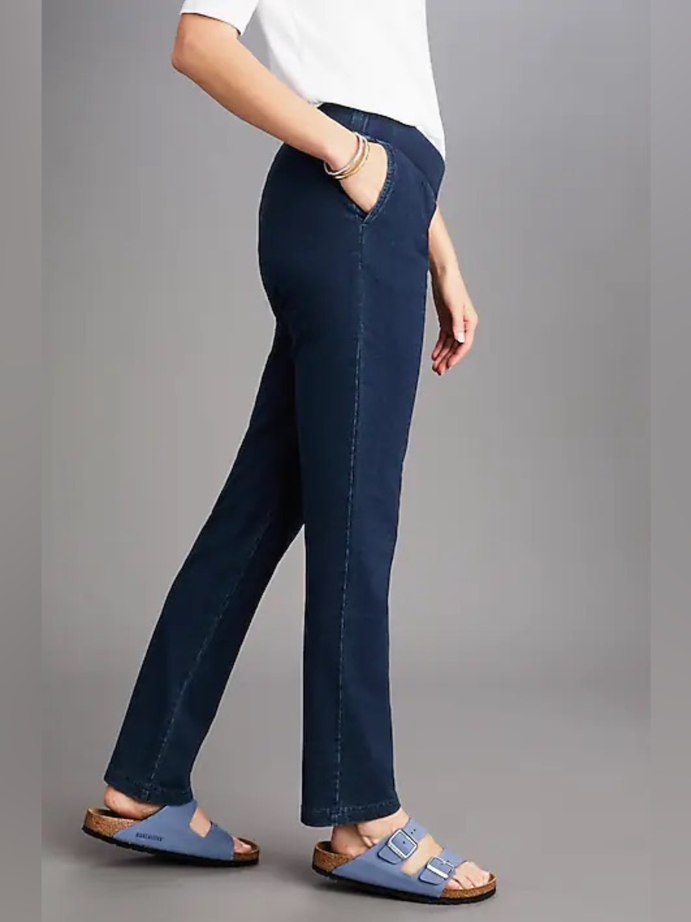 Pure Jill Indigo Pull On Knit Denim Pants Size Large Petite Blue Stretch Pockets